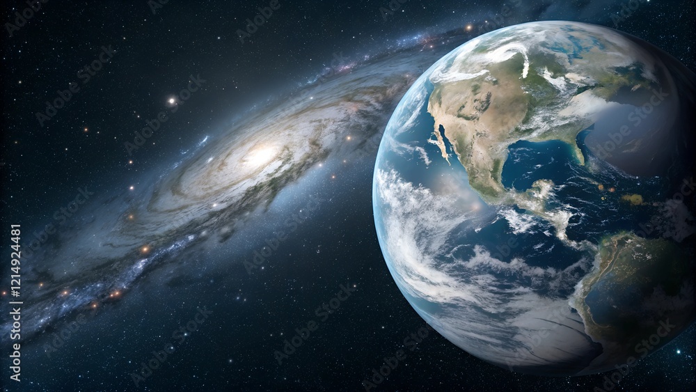 Obraz premium Panoramic view of the Earth, stars and galaxy. Planet Earth, view from space. Planet earth globe view from space showing realistic earth surface and world map as in outer space point of view .