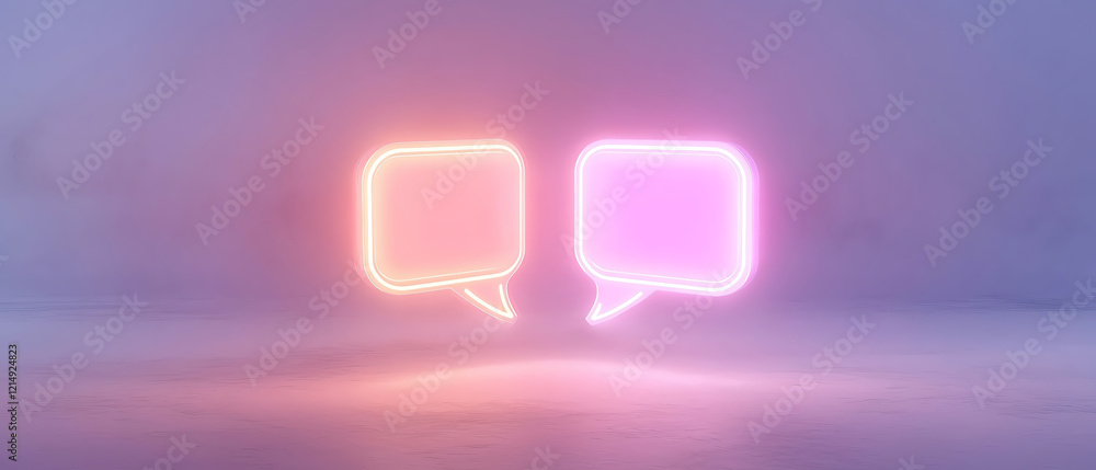 Neon glowing conversation icons in misty background create vibrant atmosphere Neon glowing conversation icons in misty background create vibrant atmosphere