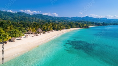 Serene Tropical Beach with Turquoise Water and Lush Green Sands photo