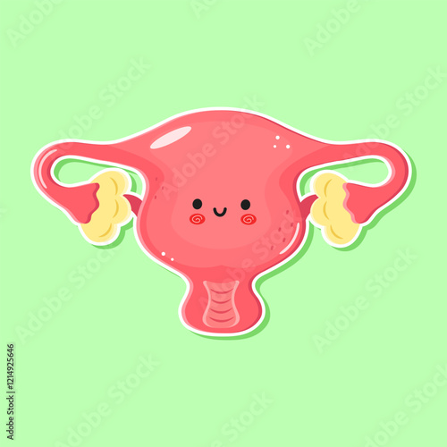 Cute cartoon Uterus illustration with smiling face on green background