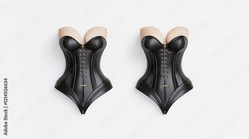 Elegant black corsets on white background. Victorian-style apparel. Luxury, sophisticated design. Fitted bodice. Intricate details. Modern style. Sleek silhouette. Fashionable accessory. Luxurious Elegant black corsets on white background. Victorian-style apparel. Luxury, sophisticated design. Fitted bodice. Intricate details. Modern style. Sleek silhouette. Fashionable accessory. Luxurious