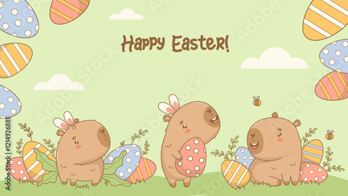 Happy Easter poster. Cute Capybaras in bunny ears with decorative paschal eggs. Holiday cool kawaii animal on green background. Horizontal banner congratulation. Vector illustration