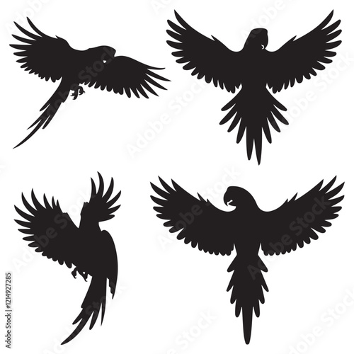Vector parrot silhouettes of amazon jungle isolated on white background