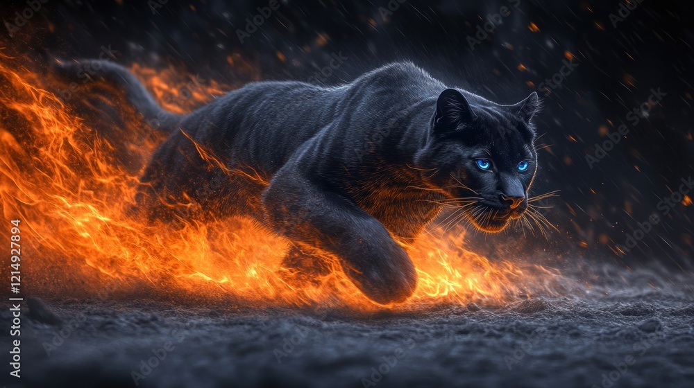 Fiery Panther Running, Stormy Night, Fantasy Art Fiery Panther Running, Stormy Night, Fantasy Art
