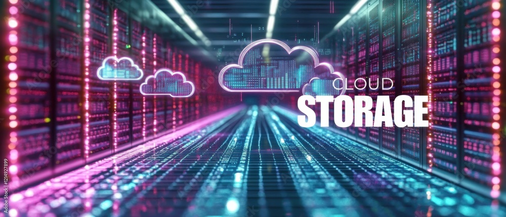 Cloud storage technology concept with digital clouds and data center servers Futuristic server room with glowing neon lights and digital information flow Big data, cloud computing, and cybersecurity Cloud storage technology concept with digital clouds and data center servers Futuristic server room with glowing neon lights and digital information flow Big data, cloud computing, and cybersecurity