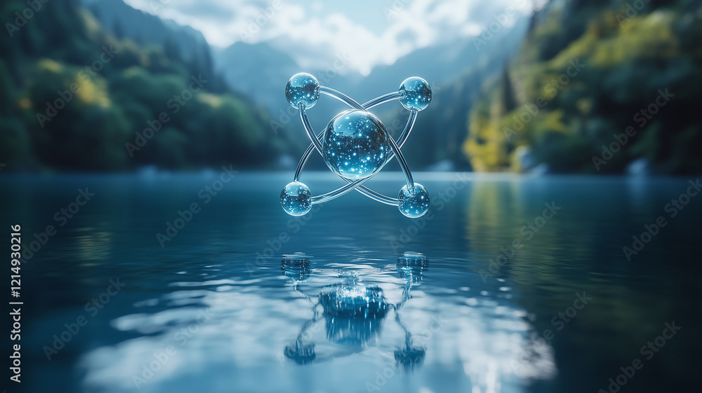 serene landscape featuring giant floating atom above tranquil lake, surrounded by lush mountains and clear skies serene landscape featuring giant floating atom above tranquil lake, surrounded by lush mountains and clear skies