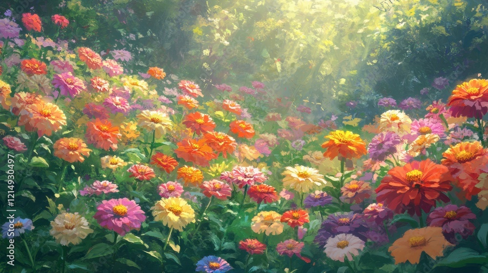 Vibrant Garden Filled with Colorful Flowers in Soft Morning Light Vibrant Garden Filled with Colorful Flowers in Soft Morning Light