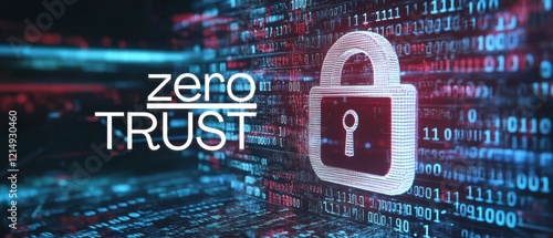 Zero Trust cybersecurity concept with digital padlock icon and binary code on dark background Network security, data protection, and privacy technology photo