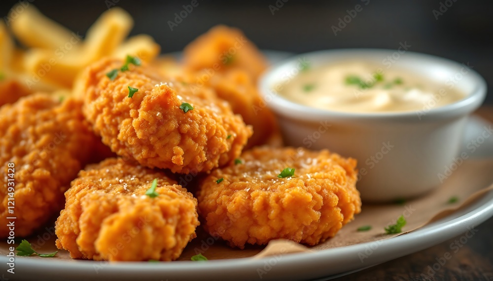 Crispy Chicken Nuggets with French Fries and Creamy Sauce - Delicious Fast Food Crispy Chicken Nuggets with French Fries and Creamy Sauce - Delicious Fast Food