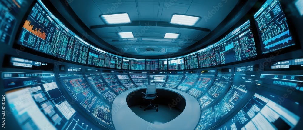 Fototapeta premium Dynamic Trading Floor, Multiple Screens, Real-Time Financial Data, Market Activity, High-Stakes Environment, Finance Hub