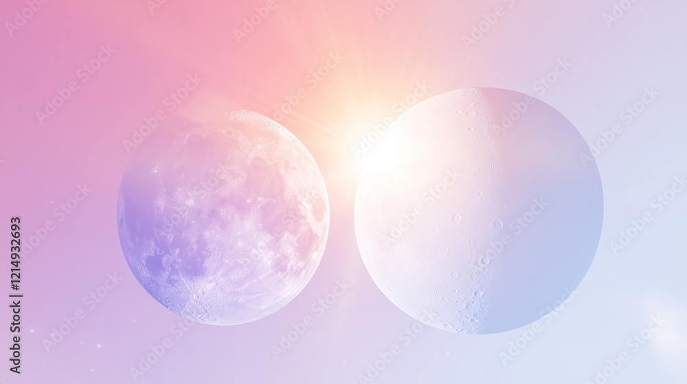 Obraz premium A close-up of a bright sun and a glowing moon sharing the same sky, with their outlines visible against a soft gradient of twilight blue and lavender. 