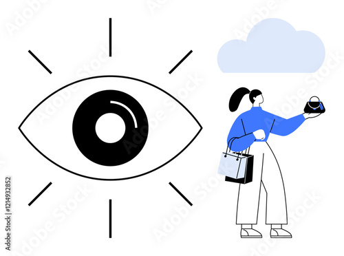 Woman holds makeup product with shopping bags under cloud, next to large eye symbol with radiating lines. Ideal for marketing, shopping, trends, vision, retail, cosmetics online stores. Abstract