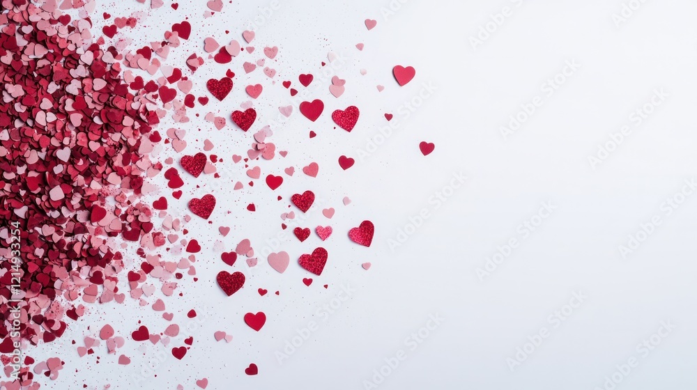 A collection of red and pink heart-shaped confetti scattered across a clean white surface, some hearts overlapping while others are spaced apart A collection of red and pink heart-shaped confetti scattered across a clean white surface, some hearts overlapping while others are spaced apart