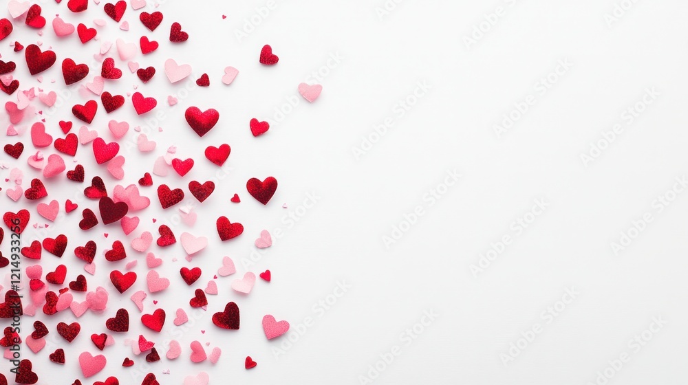 A collection of red and pink heart-shaped confetti scattered across a clean white surface, some hearts overlapping while others are spaced apart A collection of red and pink heart-shaped confetti scattered across a clean white surface, some hearts overlapping while others are spaced apart