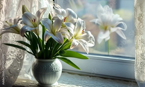Delicate white Easter lilies in a vintage vase on a windowsill with soft morning light filtering through lace curtains