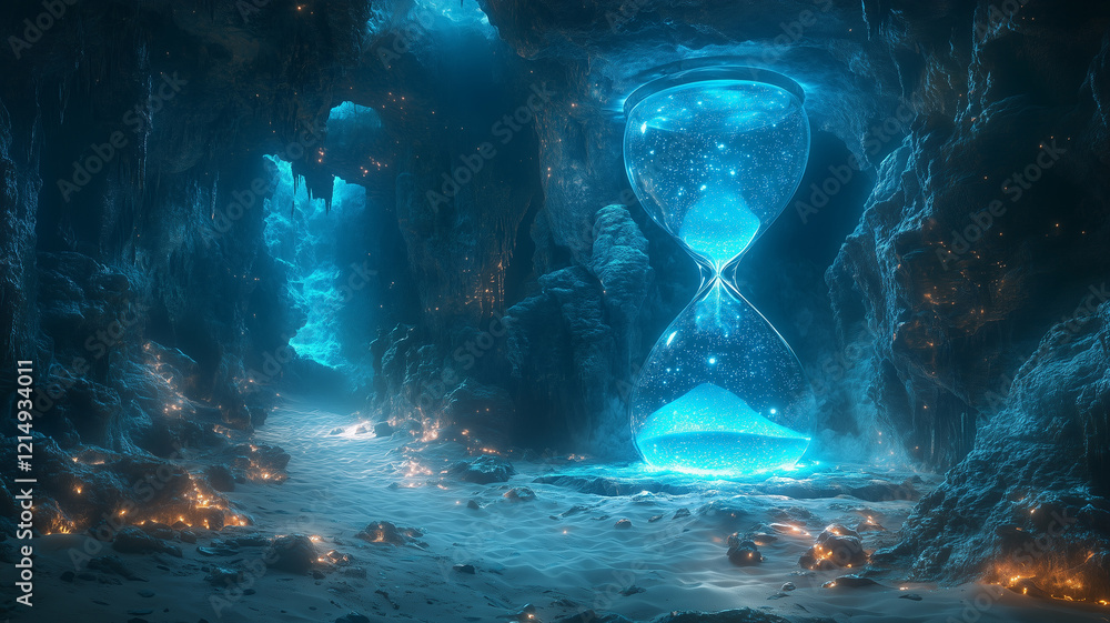 enormous hourglass in mystical cave with bioluminescent features, creating serene atmosphere