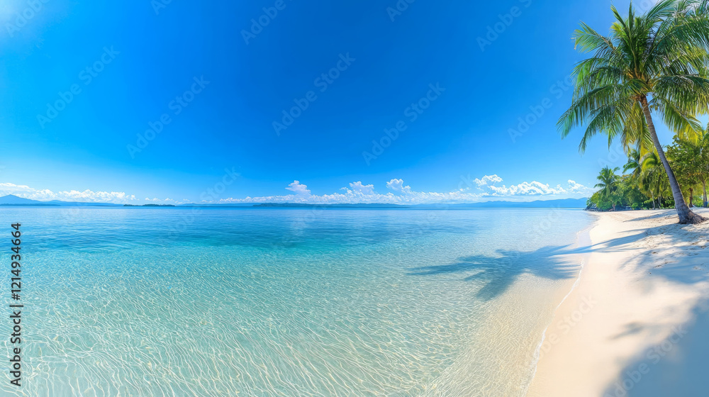 Fototapeta premium wide panoramic view of pristine white sandy beach with clear blue water, palm trees, and bright blue sky creates serene and tranquil atmosphere