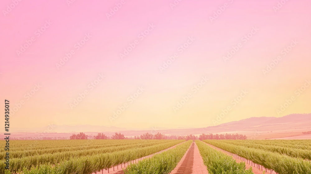 Obraz premium Vibrant Pink and Yellow Striped Orchard at Sunset with Soft Haze over Farmland Horizon - Ultra-Detailed Cinematic Image