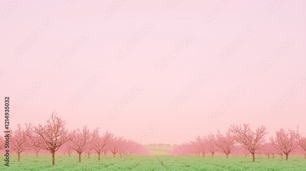 Obraz premium Vibrant Orchards: Dreamy Pink and Yellow Stripes Across Farmland Horizon Cinematic Landscape