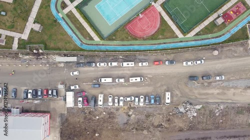 Aerial view looking up of parking lot and construction work