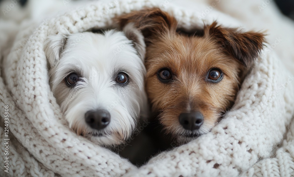 Adorable Small Dogs Wrapped Together in Cozy Knitted Blanket, Emitting Sweet Expressions of Comfort and Warmth, Perfect for Pet Lovers and Animal Companionship Themes Adorable Small Dogs Wrapped Together in Cozy Knitted Blanket, Emitting Sweet Expressions of Comfort and Warmth, Perfect for Pet Lovers and Animal Companionship Themes