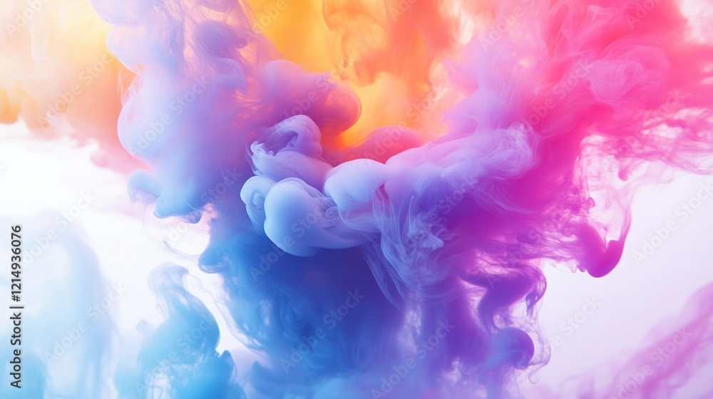 Obraz premium A swirl of vibrant multicolored smoke in hues of pink, purple, blue, and yellow rising gracefully against a clean, white background, creating a stunning visual effect