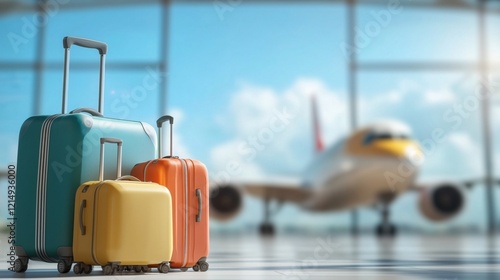 Three colorful suitcases are standing in an airport terminal, waiting to be loaded onto a blurred airplane visible through the large windows, symbolizing travel and vacation