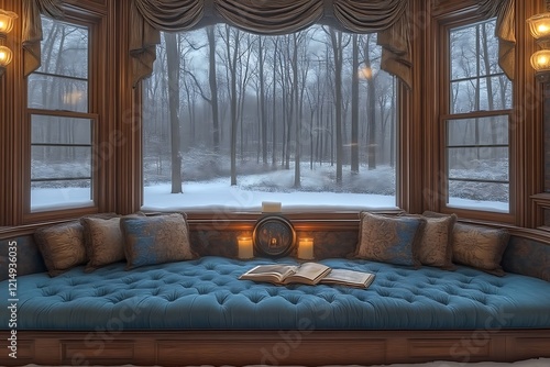 Cozy window seat with book, candles, and snowy forest view. photo