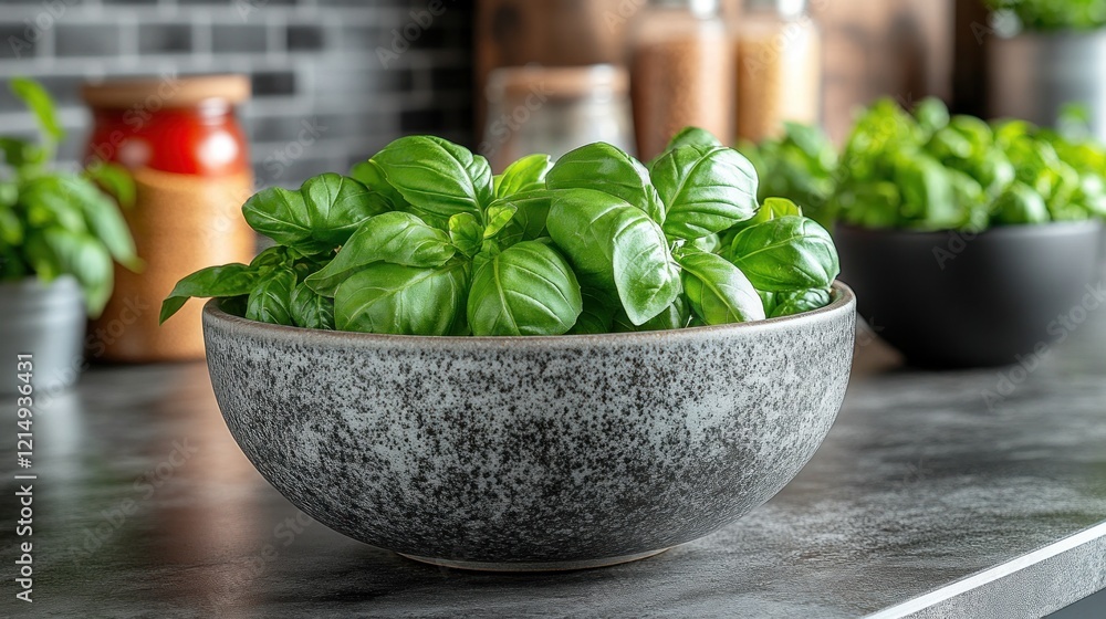 Fresh basil bowl kitchen counter cooking Fresh basil bowl kitchen counter cooking
