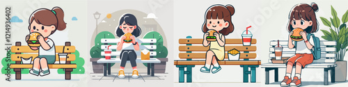 vector set of boy and girl eating hamburger on chair