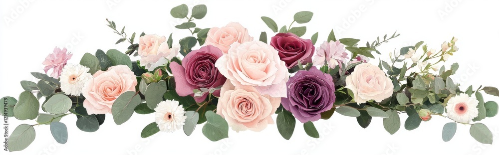 A panoramic view of a bouquet combining carnations and schabaud, capturing the essence of spring. The horizontal border is adorned with red and pink flowers, buds, and leaves against a white A panoramic view of a bouquet combining carnations and schabaud, capturing the essence of spring. The horizontal border is adorned with red and pink flowers, buds, and leaves against a white