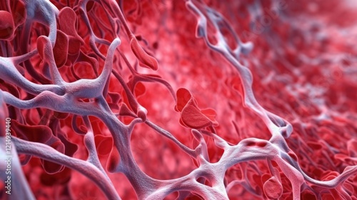 Close-up view of human arteries under a microscope showing detailed vascular patterns, blood cells, and smooth muscle structures. photo