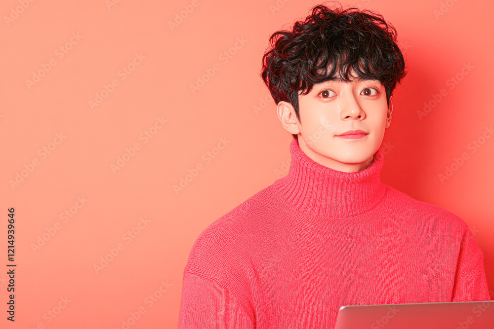 A young man in a red sweater is looking at a laptop A young man in a red sweater is looking at a laptop
