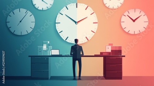 Businessman at Desk with Multiple Clocks Symbolizing Time Zones