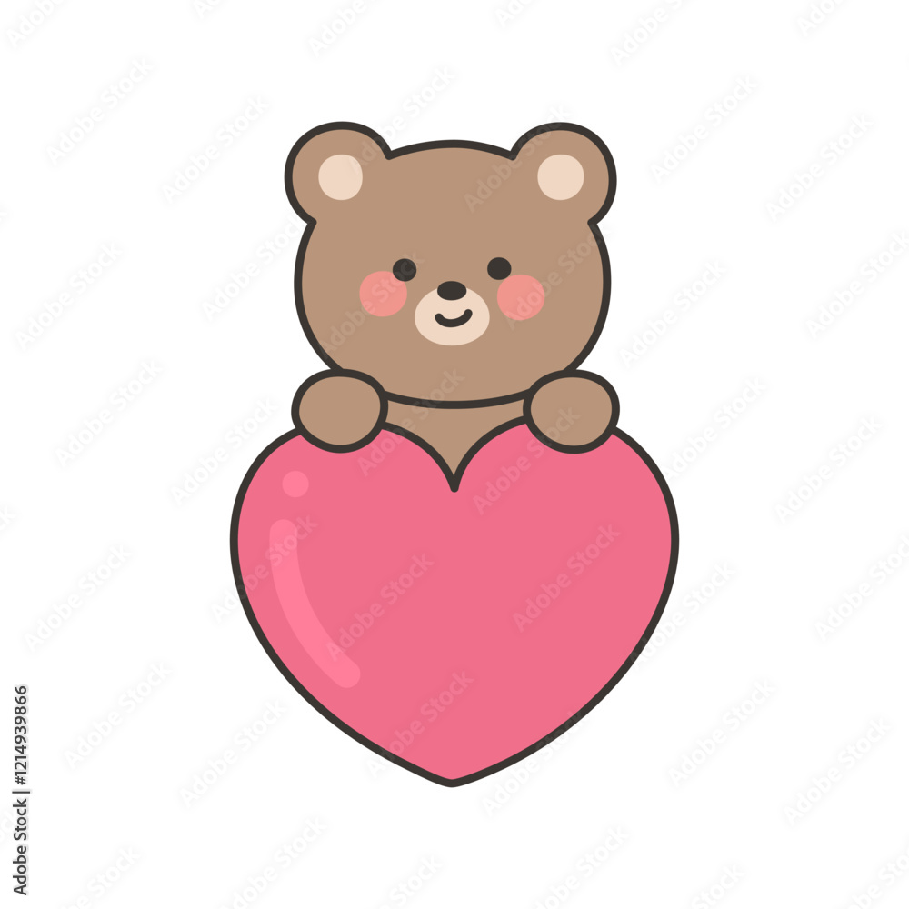 Cute Bear Sitting and Hugging a Pink Heart in Cartoon Styl Cute Bear Sitting and Hugging a Pink Heart in Cartoon Styl