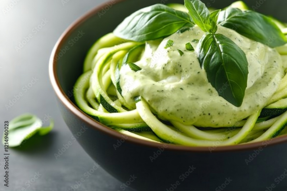 A close-up of spiralized zucchini noodles in a bowl, topped with a creamy pesto sauce and fresh basil leaves A close-up of spiralized zucchini noodles in a bowl, topped with a creamy pesto sauce and fresh basil leaves