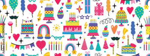Happy Birthday seamless pattern. Зarty decoration, gift box, cake, party. Hand drawn elements. Vector illustration