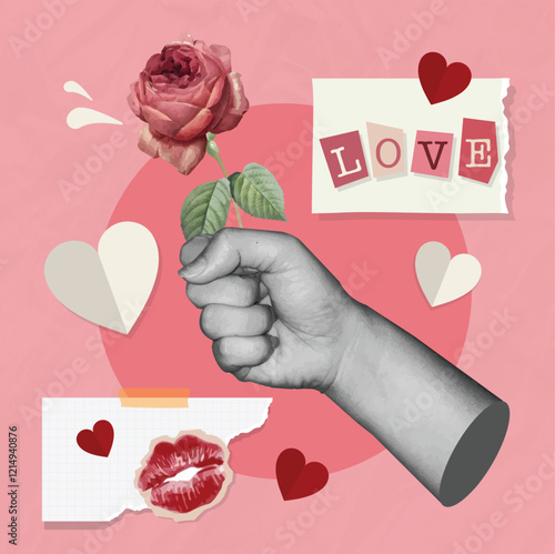 Hand holding rose,Valentine's Day collage featuring a hand making a heart gesture, Valentine concpet, Trendy retro 60s 70s cartoon style.