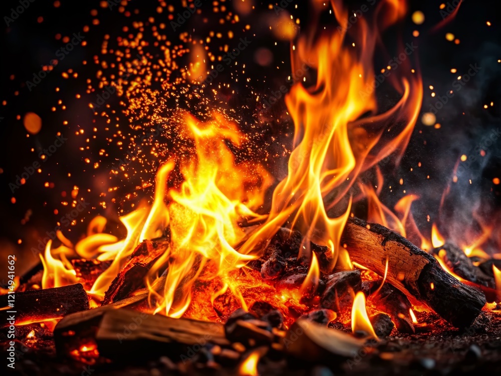 Fototapeta premium Fiery Embers and Flames on Black Background - Stock Photo