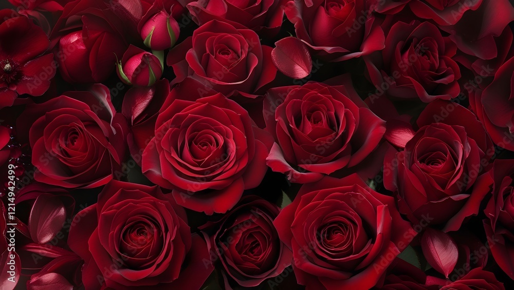 Fototapeta premium A close-up of vibrant red rose artfully scattered in an elegant, overlapping arrangement. The velvety textures and deep red tones,