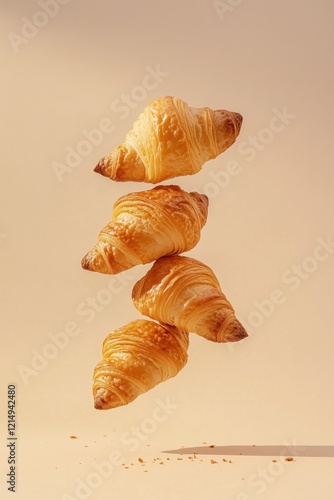 freshly baked croissants levitating in the air, gravity defying composition photo