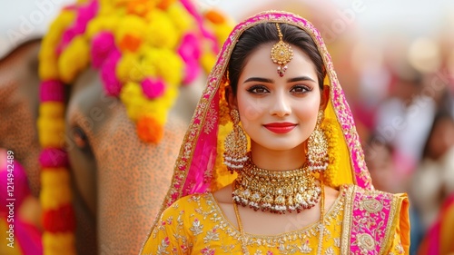 A beautiful woman in traditional attire with vibrant colors, adorned with jewelry, smiles gracefully in a festive setting with floral decorations.
