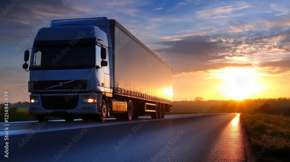 big ten wheels truck with container for logistic running on the road under the sunset big ten wheels truck with container for logistic running on the road under the sunset