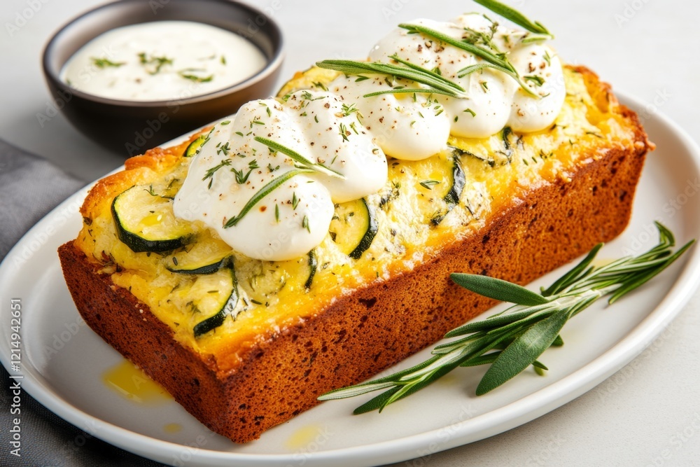 A detailed 3D illustration of a gourmet zucchini bread dish served with decorative garnishes, set on a modern dining table A detailed 3D illustration of a gourmet zucchini bread dish served with decorative garnishes, set on a modern dining table