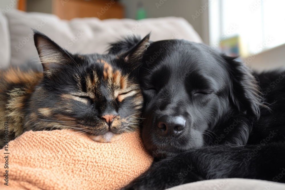 A dog and a cat cuddled together, peacefully napping on a warm, sunny windowsill A dog and a cat cuddled together, peacefully napping on a warm, sunny windowsill