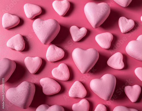 a lot of pink heart shaped candies on a pink surface