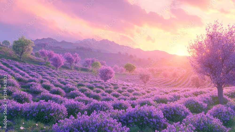 Fototapeta premium Serene Saffron and Mint Orchard at Sunset - Cinematic Farmland Landscape with Ultra-Detailed Rows on Sloping Field
