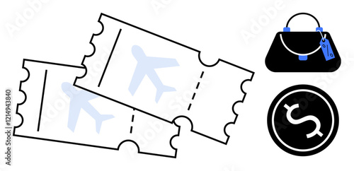 Airplane tickets with airplane icons, handbag with luggage tag, dollar coin. Ideal for travel planning, ticket booking, shopping, tourism, finance vacation preparation and budgeting. Abstract line