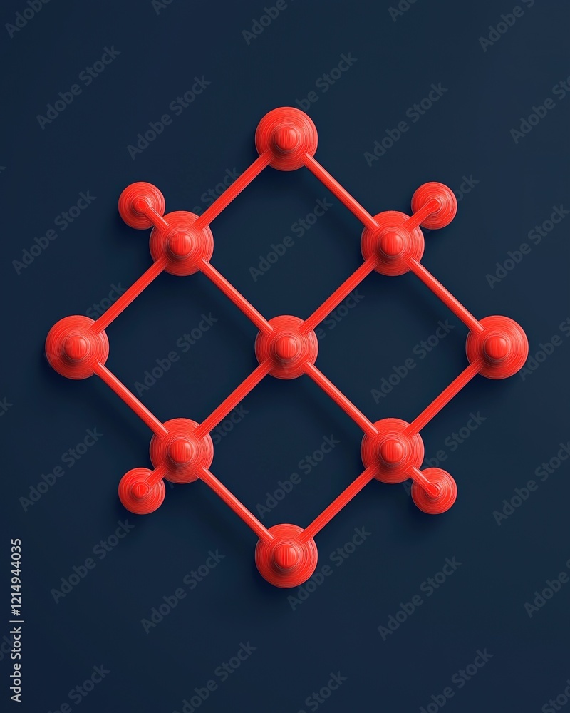 A geometric arrangement of red spheres connected by lines on a dark blue background, creating a modern abstract design. A geometric arrangement of red spheres connected by lines on a dark blue background, creating a modern abstract design.