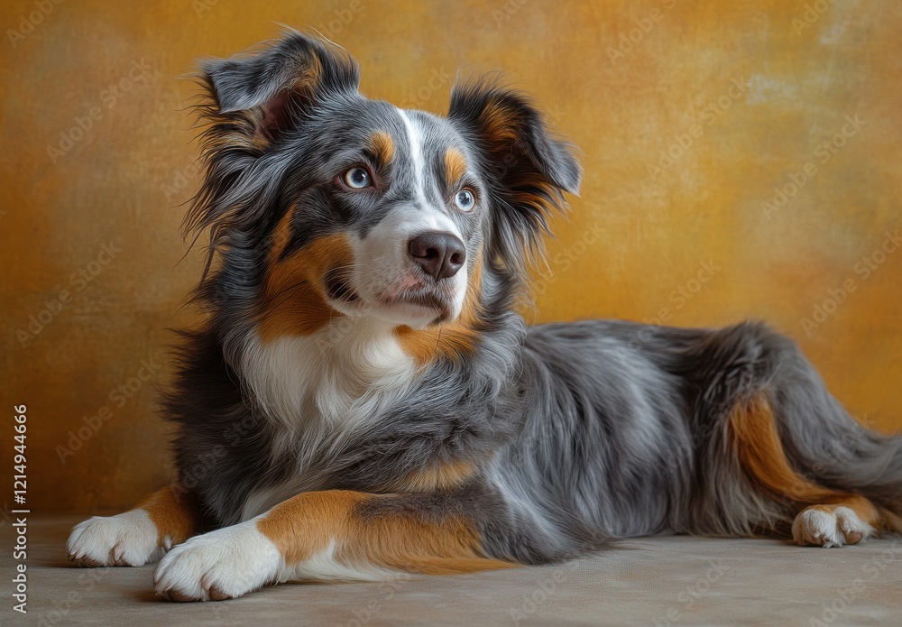 Charming Australian Shepherd Portrait with Striking Blue Eyes against a Warm Textured Background, Showcasing the Canine's Unique Features and Personality Traits Charming Australian Shepherd Portrait with Striking Blue Eyes against a Warm Textured Background, Showcasing the Canine's Unique Features and Personality Traits